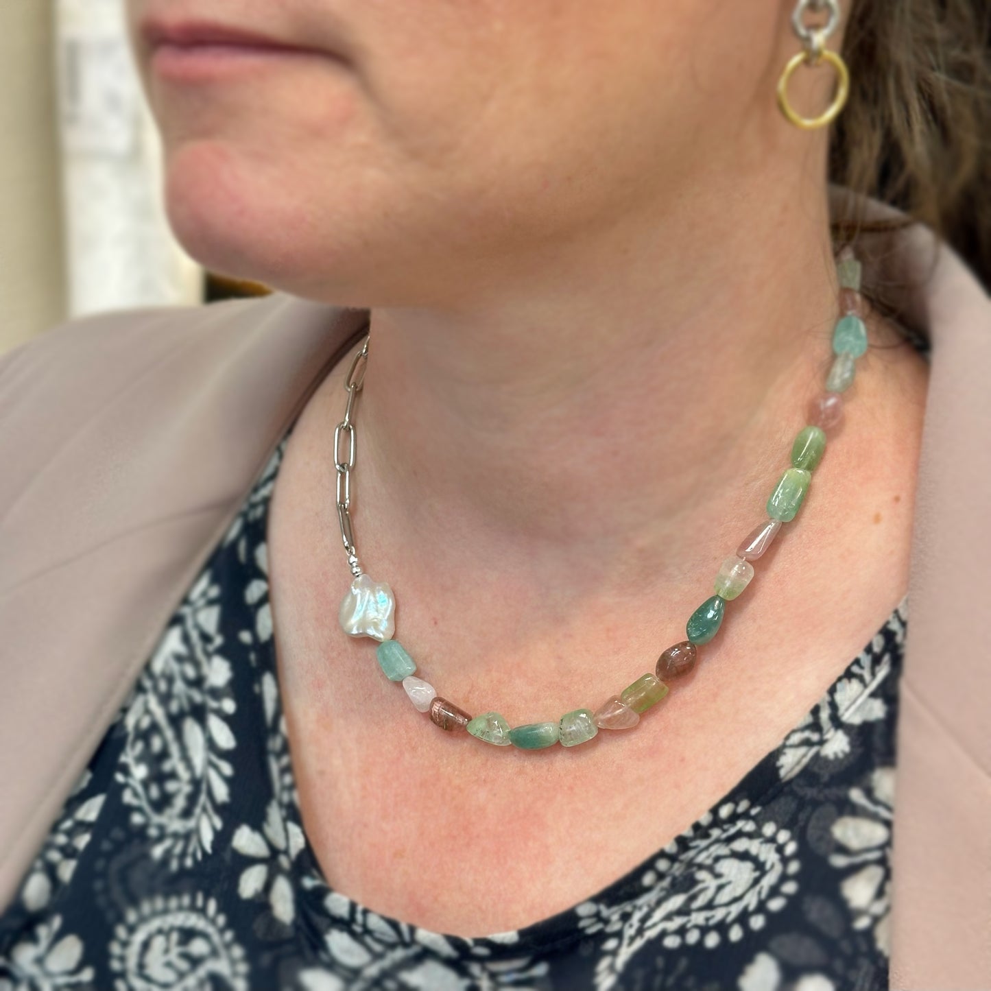 Tourmaline and Pearl Paperclip Necklace