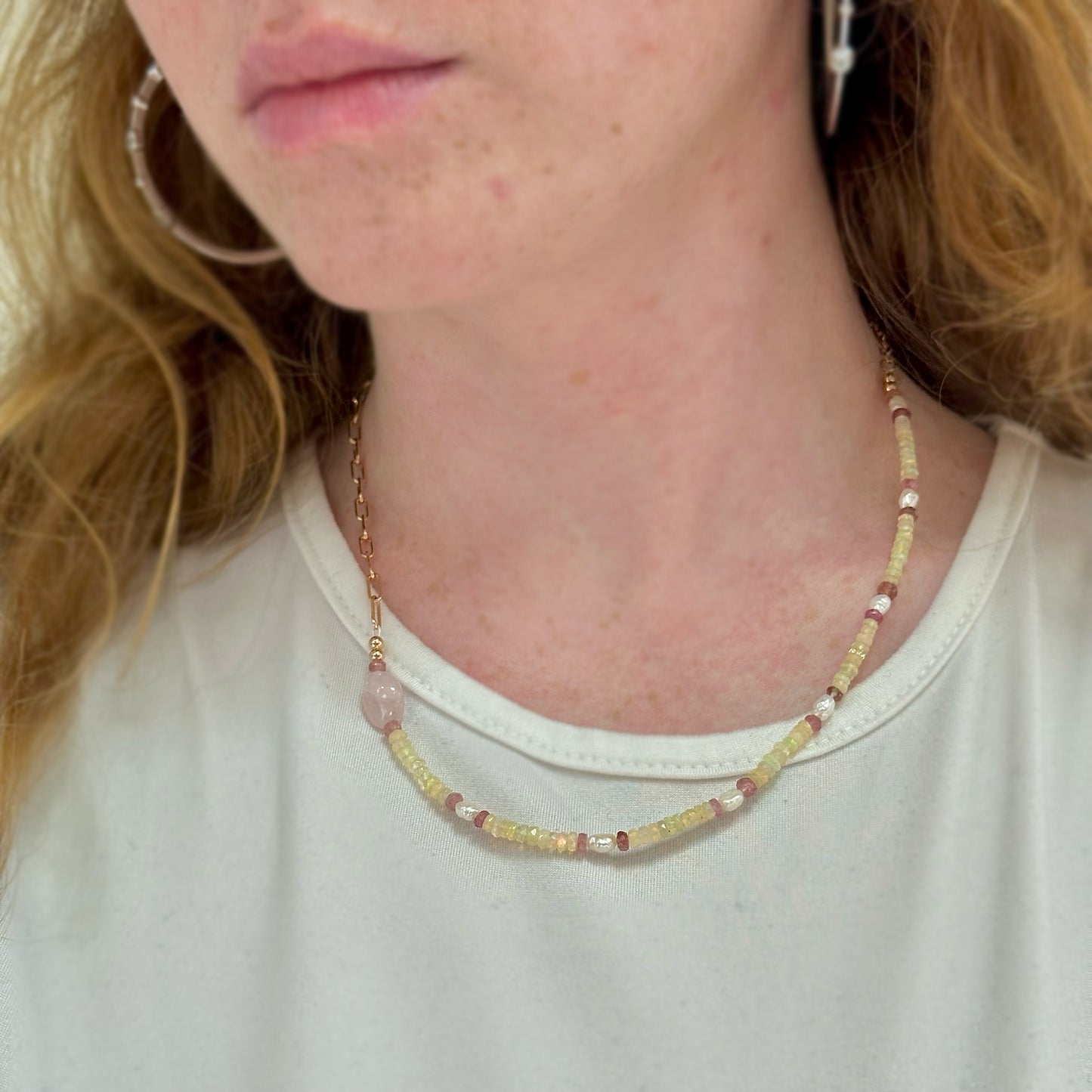Opal Tourmaline and Pearl Paperclip Necklace