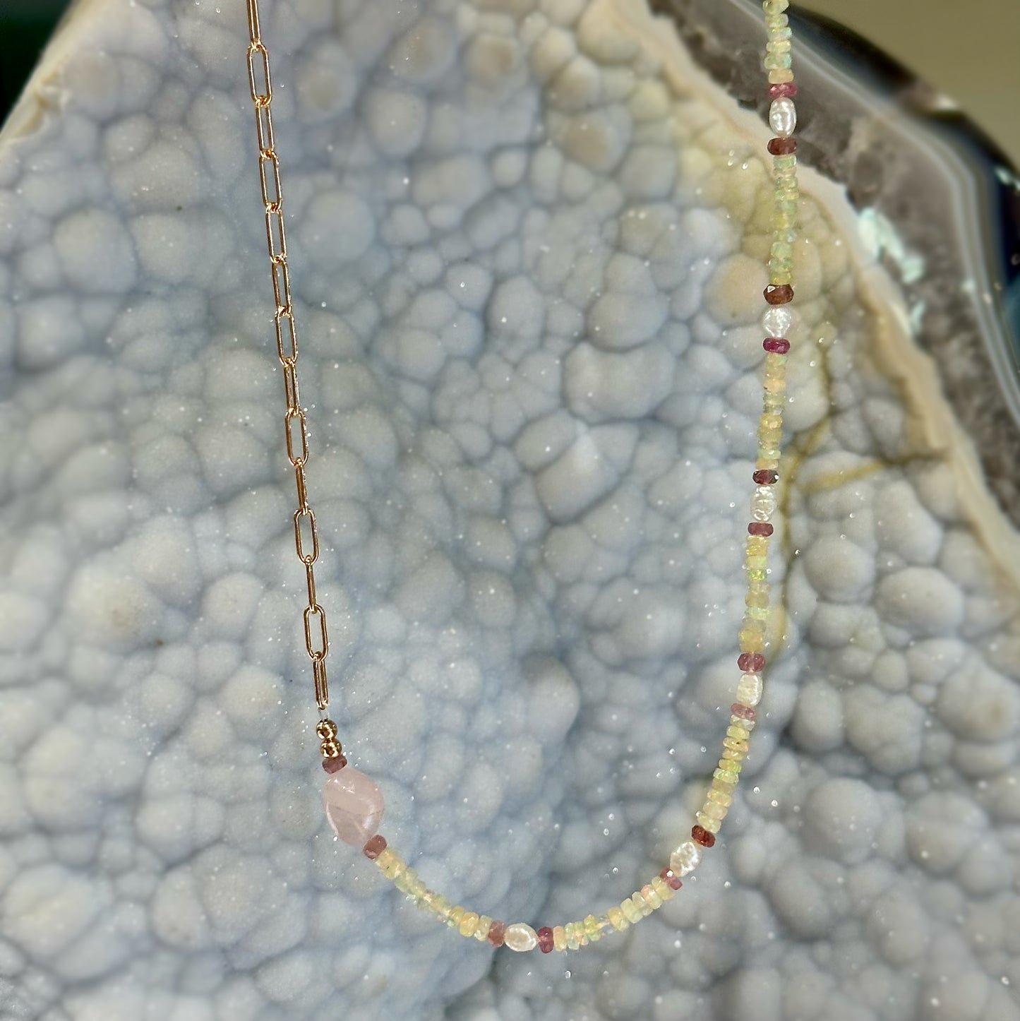 Opal Tourmaline and Pearl Paperclip Necklace