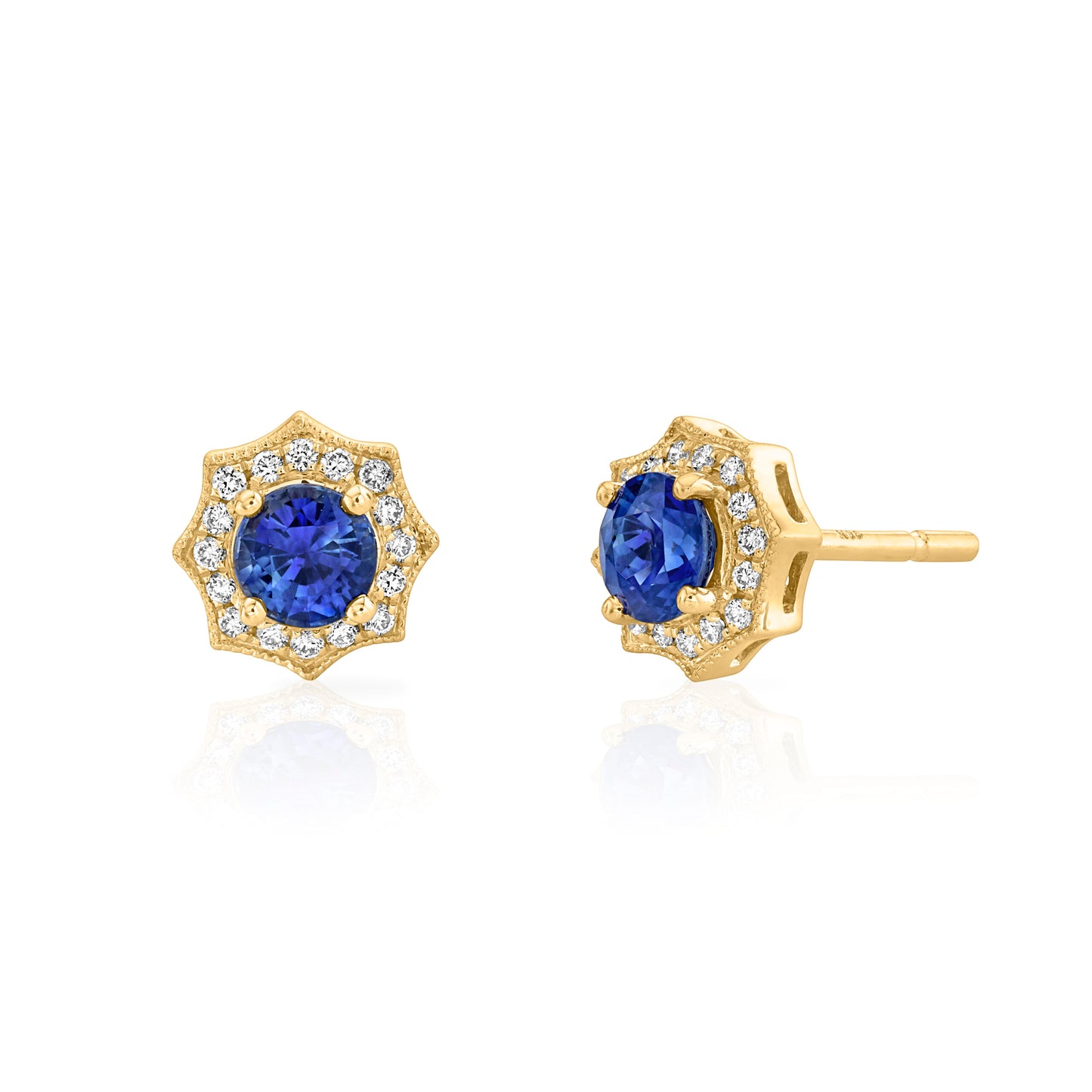 Blue Sapphire and Diamond Starburst Halo Studs