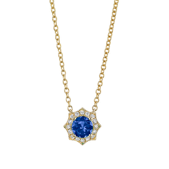 Blue Sapphire and Diamond Starburst Halo Necklace
