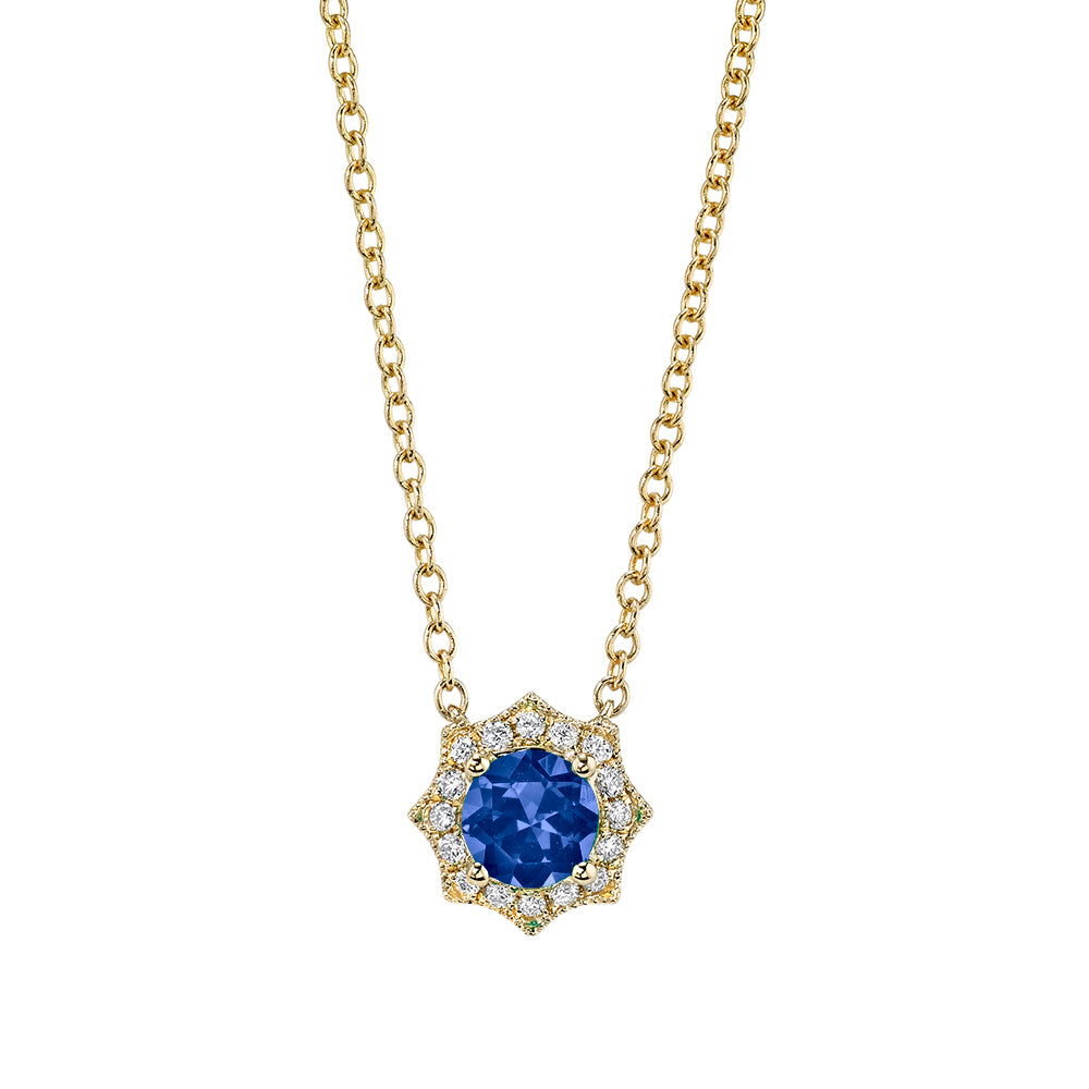 Blue Sapphire and Diamond Starburst Halo Necklace
